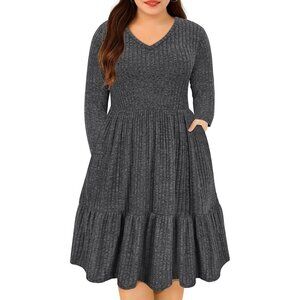 Plus Size Sweater Dress Long Sleeve V Neck Pockets Fall Winter Women